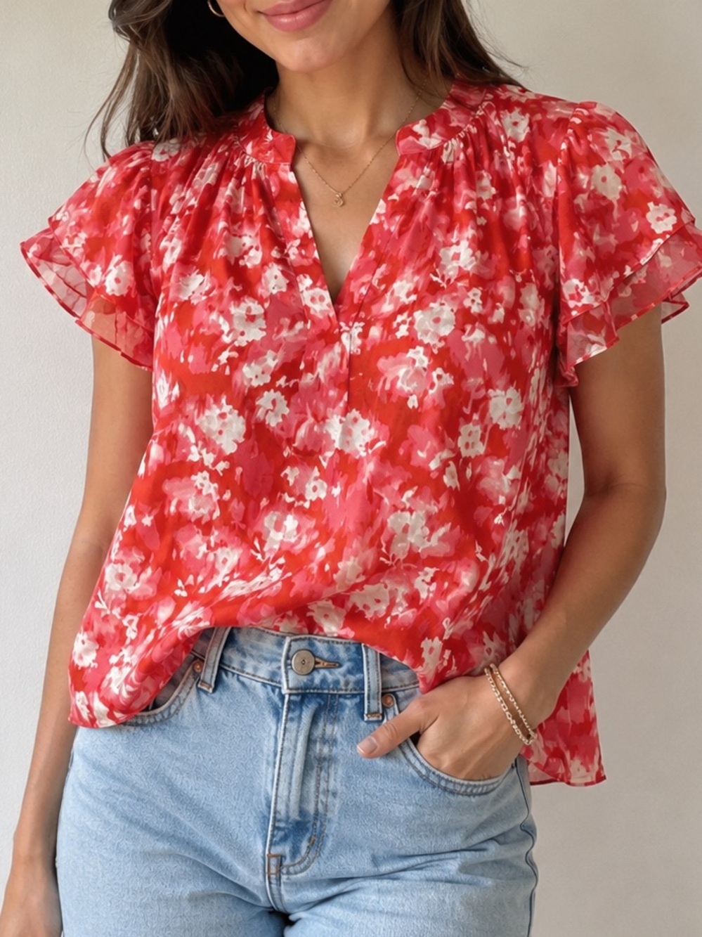 bobeau Red Floral V-Neck Blouse